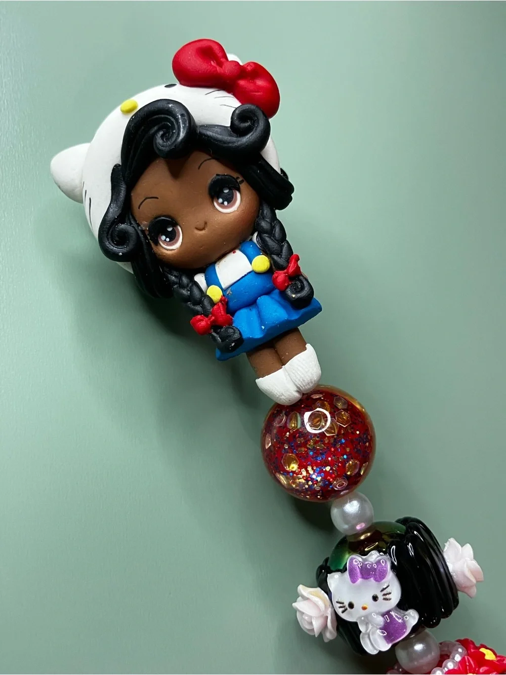 Kitty Cosplay Girl Clay Doll Handmade Beaded Rhinestone Pen